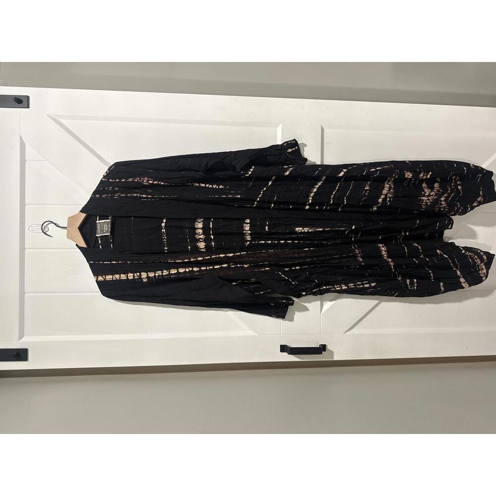 Hadurflla Handmade Black Tie-Dye Rayon and Polyester Long Kimono, Beach Coverup
